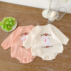 2022 Baby Girl Rabbit Pattern Front Round Collar Long-sleeved Onesies Wholesale