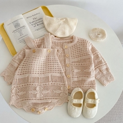 Infant Baby Girls Hollow-out Design Cardigan combo Romper In Set Outfit Spring Autumn Wearing Wholesale