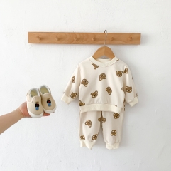 Infant Baby Unisex Bear Print Round Collar Long-sleeved Top Combo Pants In Sets Wholesale