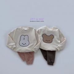 2023 New Autumn Infant Baby Unisex Print Bear&Rubbit Head Front Long-sleeved Sets Wholesale