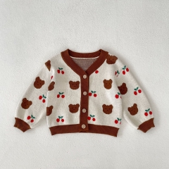 Infant Baby Girls Bear Head Combo Cherry Around Knit Cardigan Spring & Autumn Knitwear Wholesale