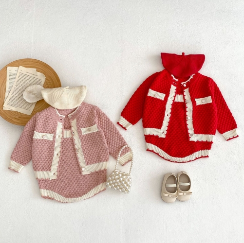 Two-Piece Set: Color Block Knit Cardigan and Suspender Romper for Baby Girls' New Year Outfit 2-Piece Set Wholesale