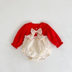 New Autumn Infant Baby Girls Big Bowknot Combo Jacquard Long Sleeve One Piece Wholesale