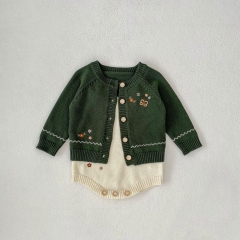 2024 Autumn Infant Baby Girls Flowers Embroidery Crew Neck Long Sleeves Cardigan With Onesies Sets Wholesale