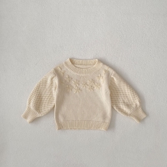 Ins 2024 New Autumn&Winter Baby Girls Round Neck Solid Color Flowers Embroidery Pullover Knitwear Wholesale