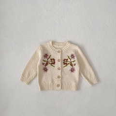 New Autumn Infant Baby Girls Big Flowers Pattern Embroidery Long Sleeves Single Breasted Knit Cardigan Wholesale