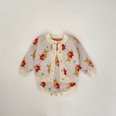 2024 Autumn Infant Baby Girls Flowers Jacquard Pattern Ruffle Neck Long Sleeves Cardigan With Onesies Sets Wholesale