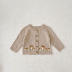 New Autumn Infant Baby Girls Mushrooms Pattern Embroidery Long Sleeves Single Breasted Knit Cardigan Wholesale