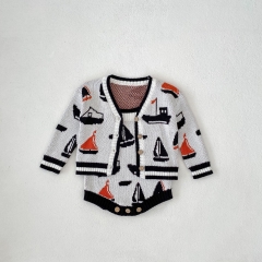 2024 Autumn Infant Baby Girls Vintage Geometric Ships Pattern Long Sleeves Cardigan With Strap Bodysuit Onesies Sets Wholesale