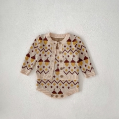 2024 Autumn Infant Baby Girls Vintage Geometric Pattern Long Sleeves Cardigan With Strap Bodysuit Onesies Sets Wholesale