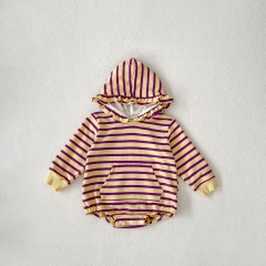 Infant Baby Boys and Girls Striped Pattern Long Sleeve One Piece Bodysuit Onesies with Hood in Autumn Wholesale