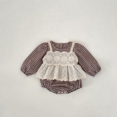 Infant Baby Girls Plaid Pattern Long Sleeve One Piece Hem Patchwork Bodysuit Onesies Dress in Autumn Wholesale