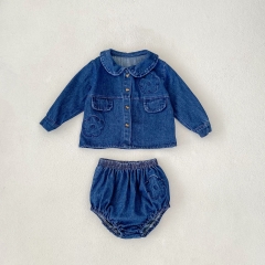 2024 Autumn Infant Baby Boys and Girls Blue Denim Long Sleeves Jacket With Bloomers Sets Wholesale