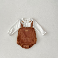 Infant Baby Girls Teddy Cartoon Embroidery Strap Bodysuit Onesies and Long Sleeves Shirt - Sister Matching Clothing Set in Autumn Wholesale