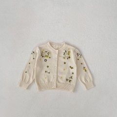 New Autumn Infant Baby Kids Girls Flowers Embroidery Pattern Long Sleeves Single Breasted Knit Cardigan Wholesale