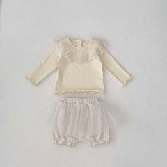 2024 Autumn Infant Baby Kids Girls Tulle Patchwork Long Sleeves Top With Bloomers Sets Wholesale