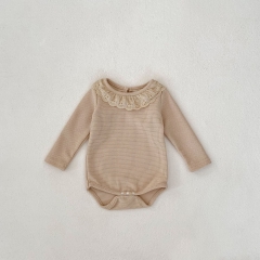 Infant Baby Girls Simple Long Sleeve Hollow-out Collar One Piece Bodysuit Onesies in Autumn Wholesale