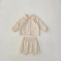 2024 Autumn Infant Baby Kids Girls Simple Solid Color Striped Long Sleeves Open-front Top With Bloomers Sets Wholesale