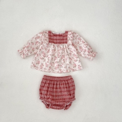 2024 Autumn Infant Baby Kids Girls Floral Long Sleeves Top With Bloomers Sets Wholesale