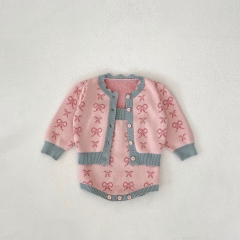 2024 Autumn Infant Baby Girls Butterfly Bows Pattern Long Sleeves Cardigan With Strap Bodysuit Onesies Sets Wholesale