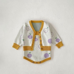 2024 Autumn Infant Baby Girls Cute Apples Pattern Long Sleeves Cardigan With Strap Bodysuit Onesies Sets Wholesale