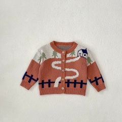 New Autumn Infant Baby Kids Boys and Girls Country Road Painting Pattern Long Sleeves Single Breasted Knit Cardigan Wholesale