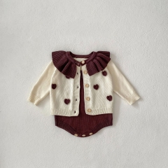 2024 Autumn Infant Baby Girls 3D Heart Pattern Long Sleeves Cardigan With Strap Bodysuit Onesies Sets Wholesale