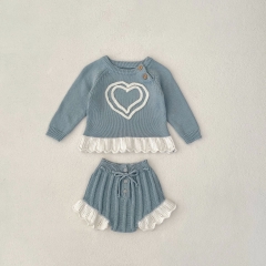 2024 Autumn Infant Baby Kids Girls Heart Pattern Long Sleeves Top Knitted Pullover With Bloomers Sets Wholesale