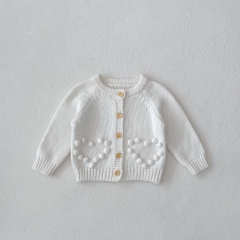 New Autumn Infant Baby Kids Girls Solid Color Heart Pattern Long Sleeves Single Breasted Knit Cardigan Wholesale