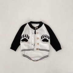 2024 Autumn Infant Baby Unisex Panda Paws Pattern Long Sleeves Cardigan With Strap Bodysuit Onesies Sets Wholesale