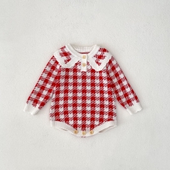 Infant Baby Girls Red Plaid Pattern Knitted One Piece Bodysuit Onesies in Autumn Wholesale