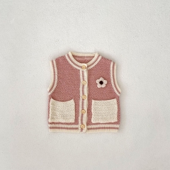 Baby and Toddler Girls' 0-3 Years Knitted 3D Flowers Pattern Pocketed Vest Wholesale