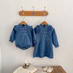 Infant Baby Girls Long Sleeves Denim Stand Collar Bodysuit Onesies and Dress - Sister Matching Clothing in Autumn Wholesale