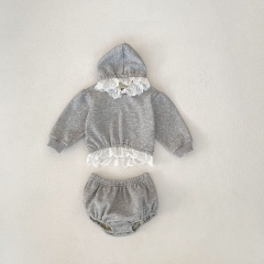 2024 Autumn Infant Baby Kids Girls Lace Trim Long Sleeves Hoodie With Bloomers Sets Wholesale