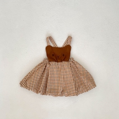 2024 Autumn Infant Baby Kids Girls Teddy Print Long Sleeves Top With Plaid Sleeveless Dress Sets Wholesale