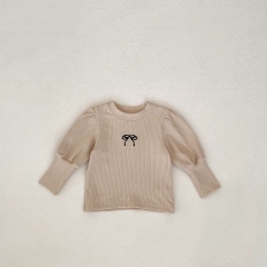 Ins 2024 New Autumn Baby Girls Crew Neck Butterfly-bows Embroidery Pattern Pullover Knitwear Wholesale