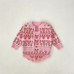 2024 Autumn Infant Baby Girls Flowers Pattern Long Sleeves Zip-up Cardigan With Strap Bodysuit Onesies Sets Wholesale