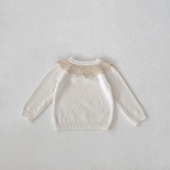 Ins 2024 New Autumn Baby Girls Pure Cotton Hollow-out Design Long Sleeves Pullover Knitwear Wholesale