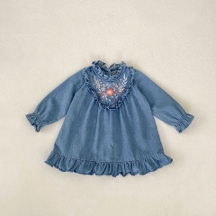 2024 New Arrival Autumn Denim Infant Baby Girls Flowers Embroidery Pattern Dress Wholesale