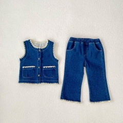 2024 Autumn Infant Baby Girls Blue Denim Sleeveless Zigzag Hem Vest With Pants Sets Wholesale