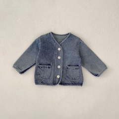 New Autumn Infant Baby Kids V neck Long Sleeves Single Breasted Pocketed Denim Jacket Wholesale