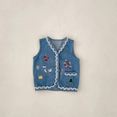 Baby and Toddler Girls' 0-3 Years Denim Sleeveless Flowers Embroidery Pattern Vest Wholesale