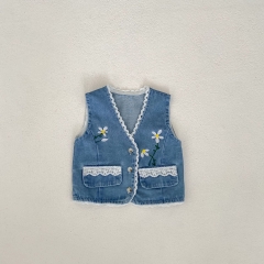 Baby and Toddler Girls' 0-3 Years Denim Sleeveless Flowers Embroidery Pattern Lace Facing Vest Wholesale