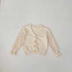 New Autumn Infant Baby Kids Girls Pure Cotton Simple Plain Jacquard Long Sleeves Single Breasted Knitted Cardigan Wholesale