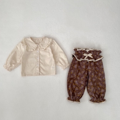 2024 Autumn Infant Baby Kids Girls Simple Solid Color Long Sleeves Top + Vintage Trousers Sets Wholesale