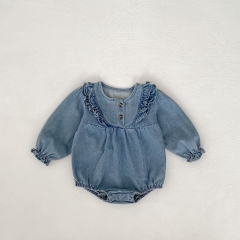 2024 Autumn Infant Baby Kids Girls Denim Blue Long Sleeves Bodysuits Onesies / Dress Wholesale