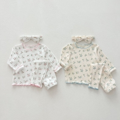 2024 Autumn Infant Baby Kids Girls Simple Floral Pattern Long Sleeves Top + Trousers Pajama Sets Wholesale