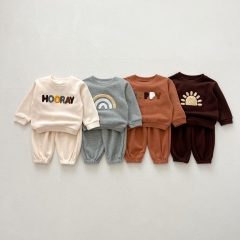 2024 Autumn Infant Baby Kids Unisex Simple Pattern Long Sleeves Pullover + Plain Trousers Sets Wholesale