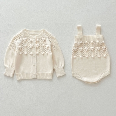 2024 Autumn Infant Baby Kids Girls Knitted Hollow-out Pattern Clothing Sets Wholesale