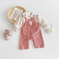 2024 Autumn Infant Baby Kids Girls Simple Floral Long Sleeves Top + Cute Overalls 2-piece Sets Wholesale